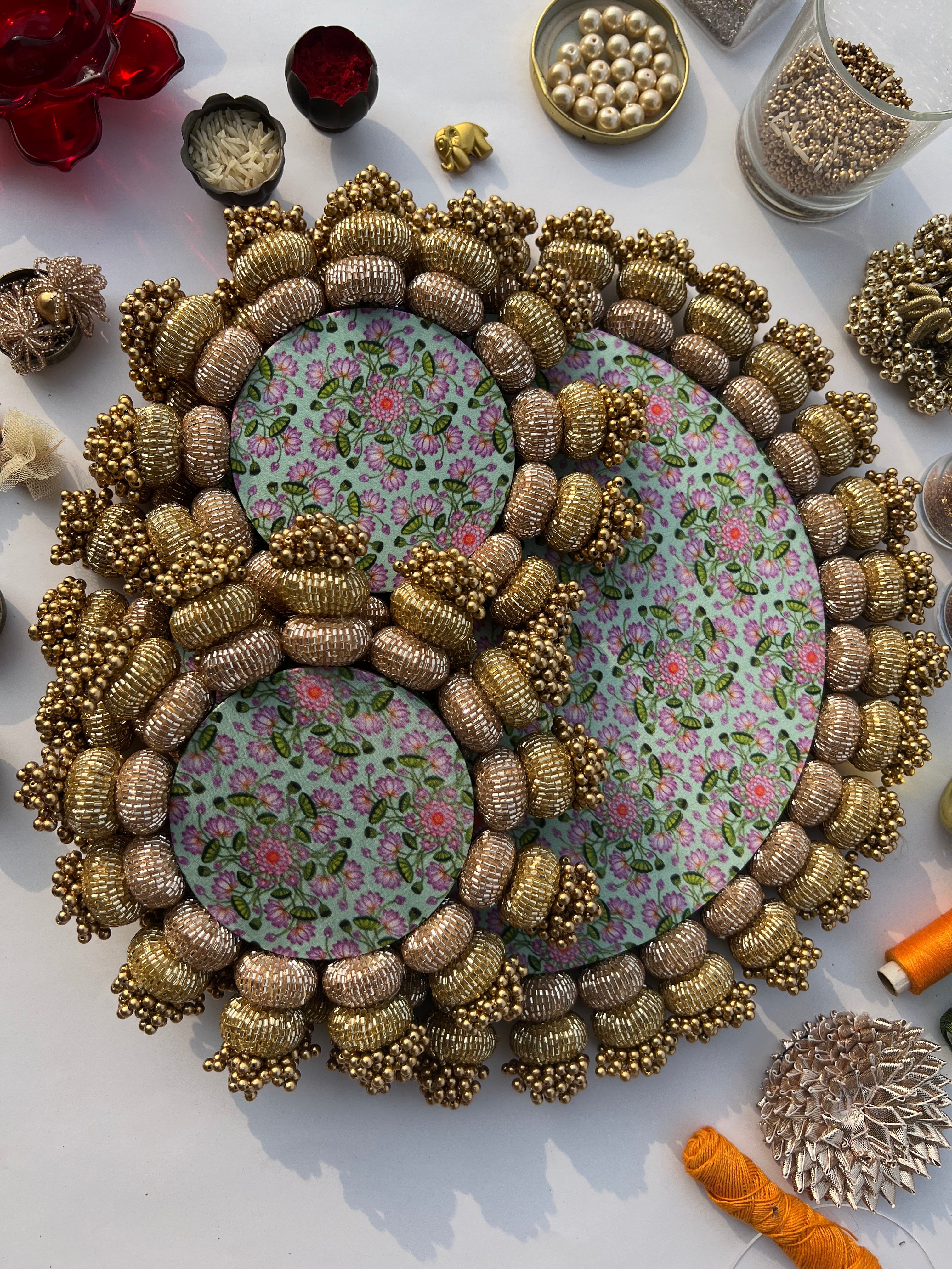 Chaandbali Pastel Pistachio Inflorescence Divine Pichwai and Flare MORBANI THANGAT KARERangoli + Diya Platters