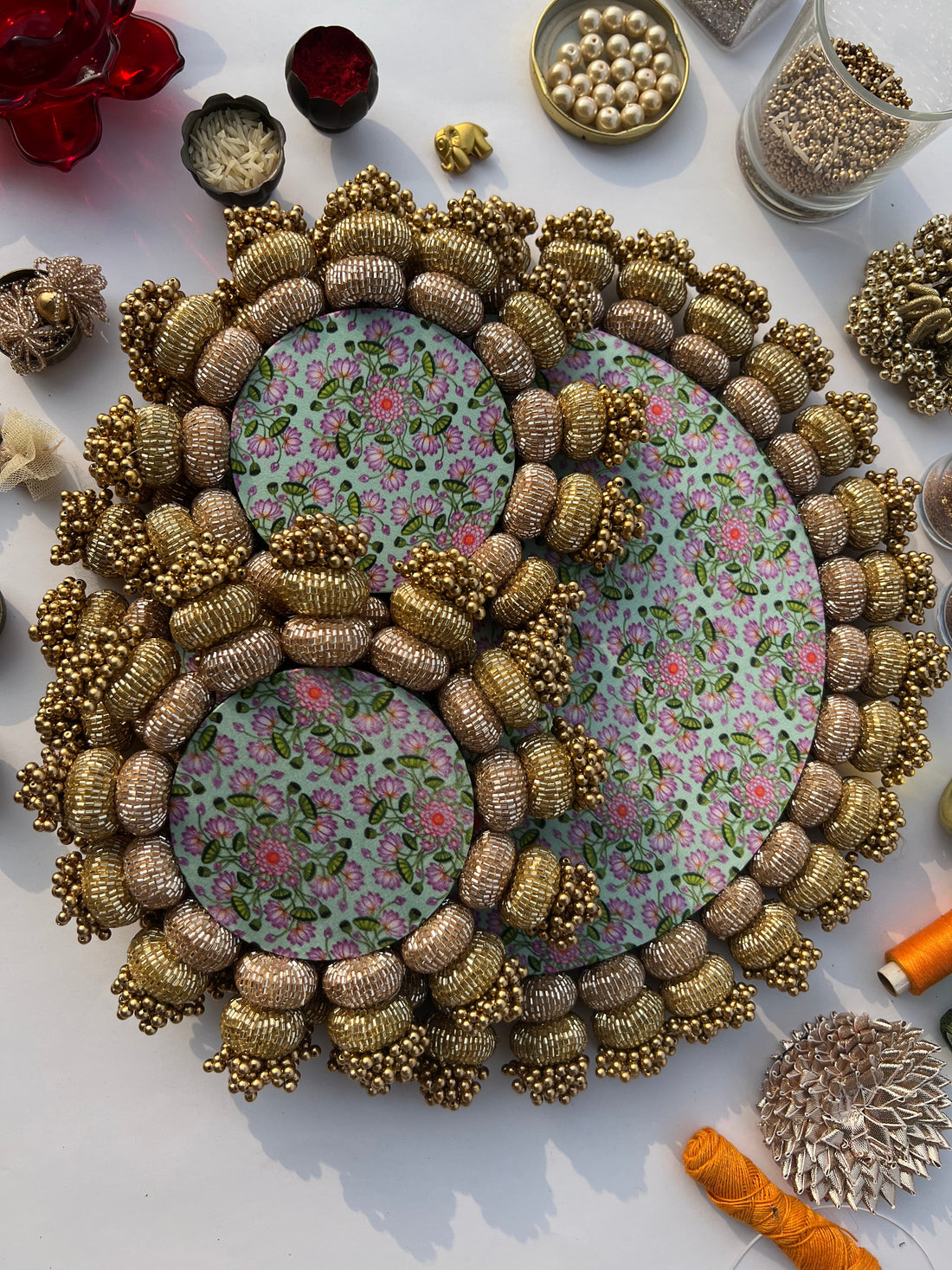 Chaandbali Pastel Pistachio Inflorescence Divine Pichwai and Flare MORBANI THANGAT KARERangoli + Diya Platters