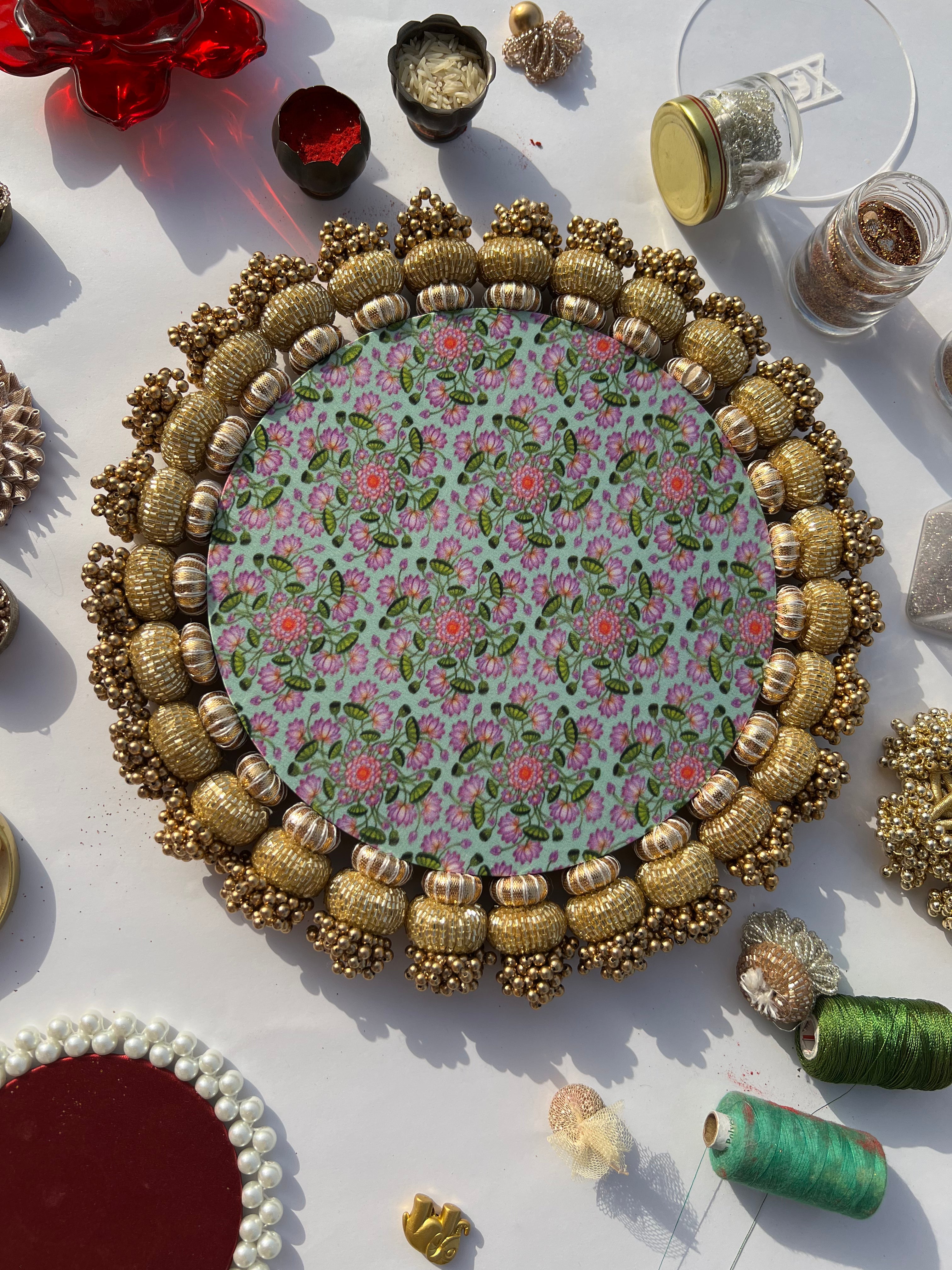 Flat Gota Chaandbali Maroon Navratna Patola & Pastel Pistachio Inflorescence Divine Pichwai Rangoli