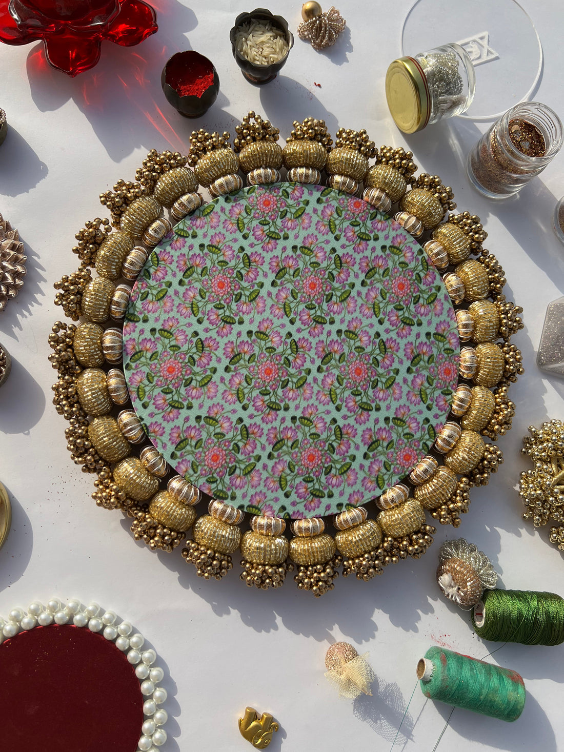 Flat Gota Chaandbali Maroon Navratna Patola & Pastel Pistachio Inflorescence Divine Pichwai Rangoli