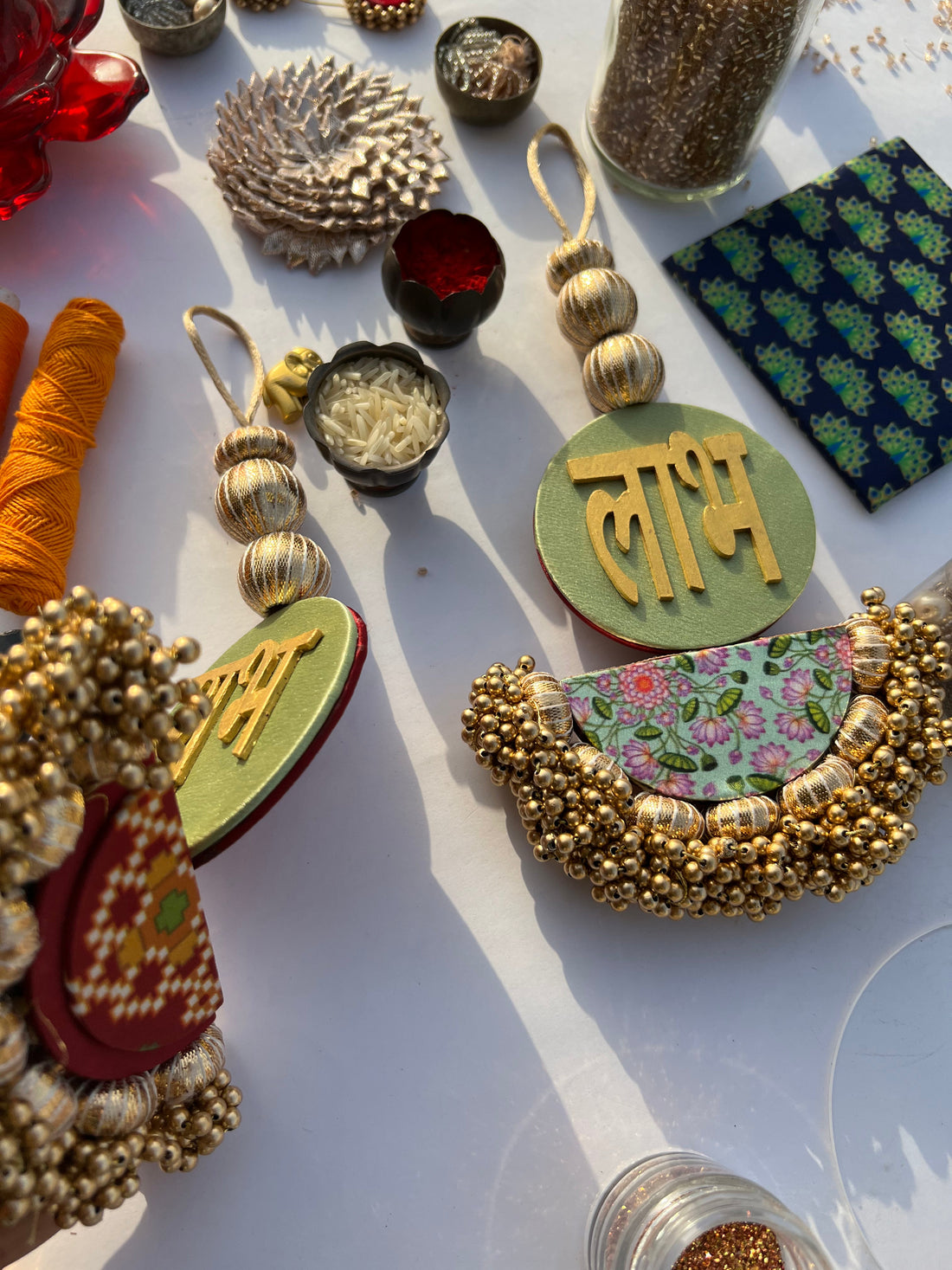Arc Shubh Labh: Pastel Pistachio & Maroon Navratna Patola