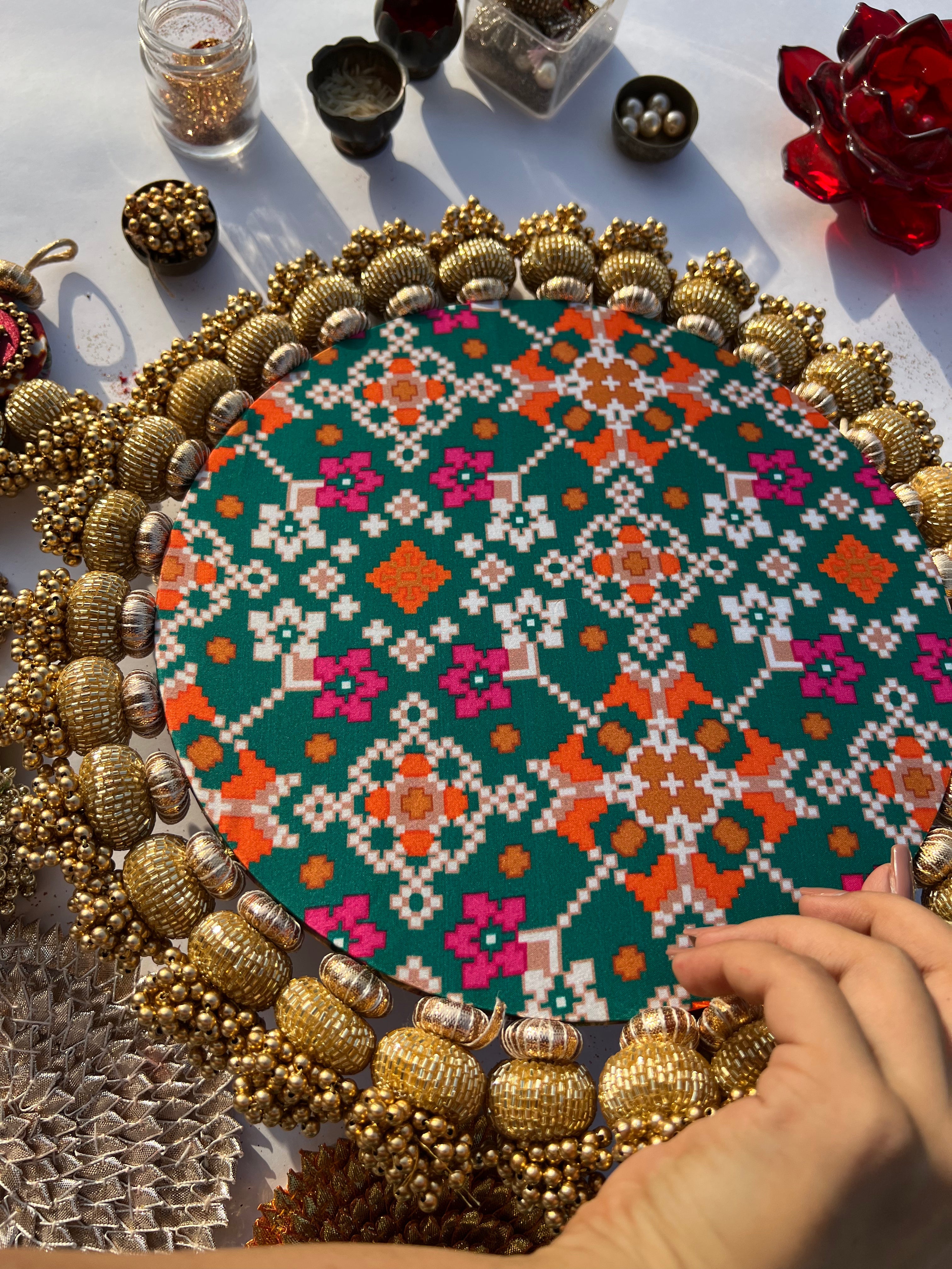 OM  Motif Platter + Hanging: OG Inflorescence & Bottle Green Navratna Patola