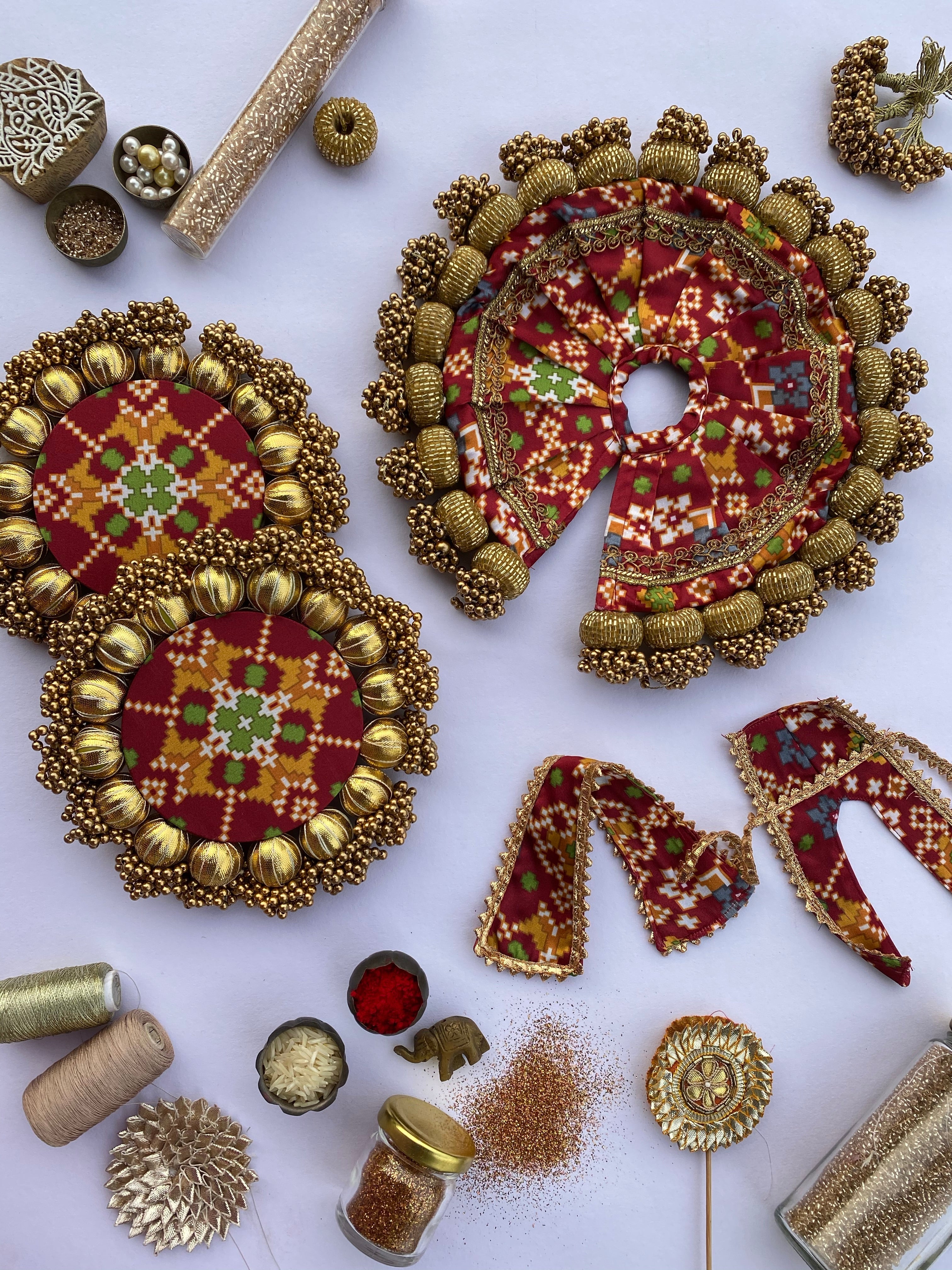 Maroon Navratna Patola Glass Beaded Poshak + Joker Poker Reciprocal Diya Platters