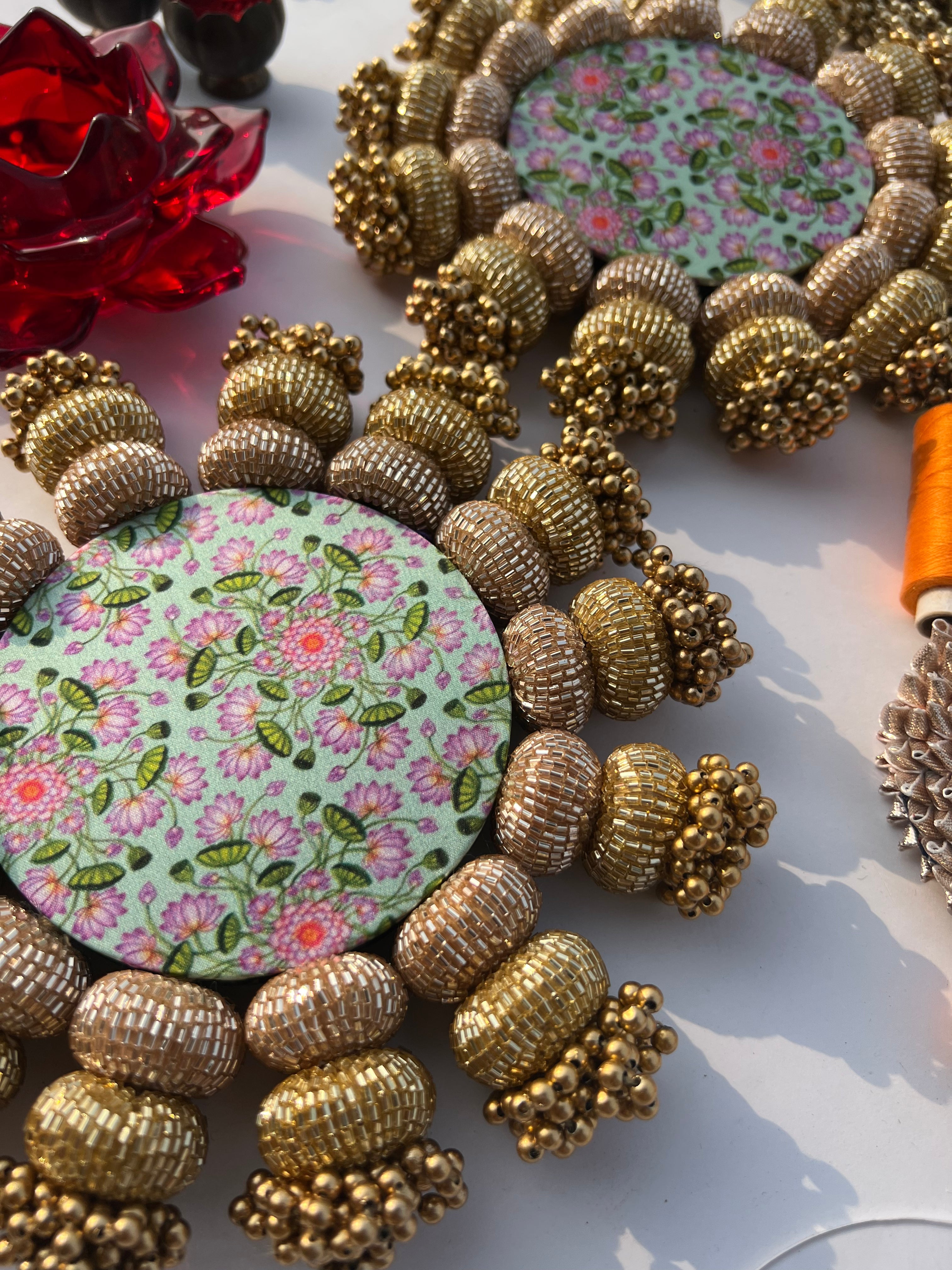 Chaandbali Pastel Pistachio Inflorescence Divine Pichwai and Flare MORBANI THANGAT KARERangoli + Diya Platters