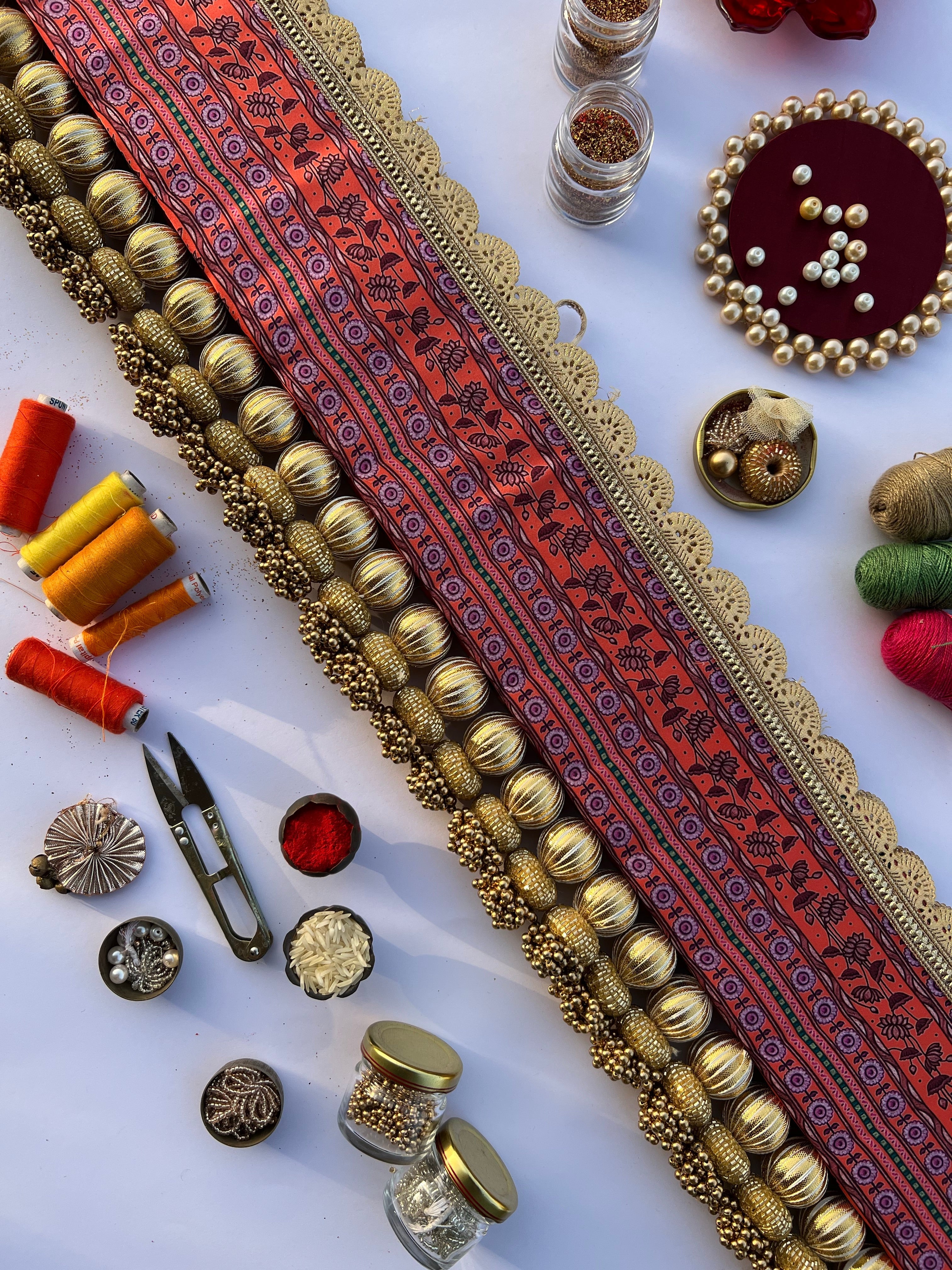 Vermillion Congruous Divine Pichwai and Pink Navratna Patola Tasseled Toran