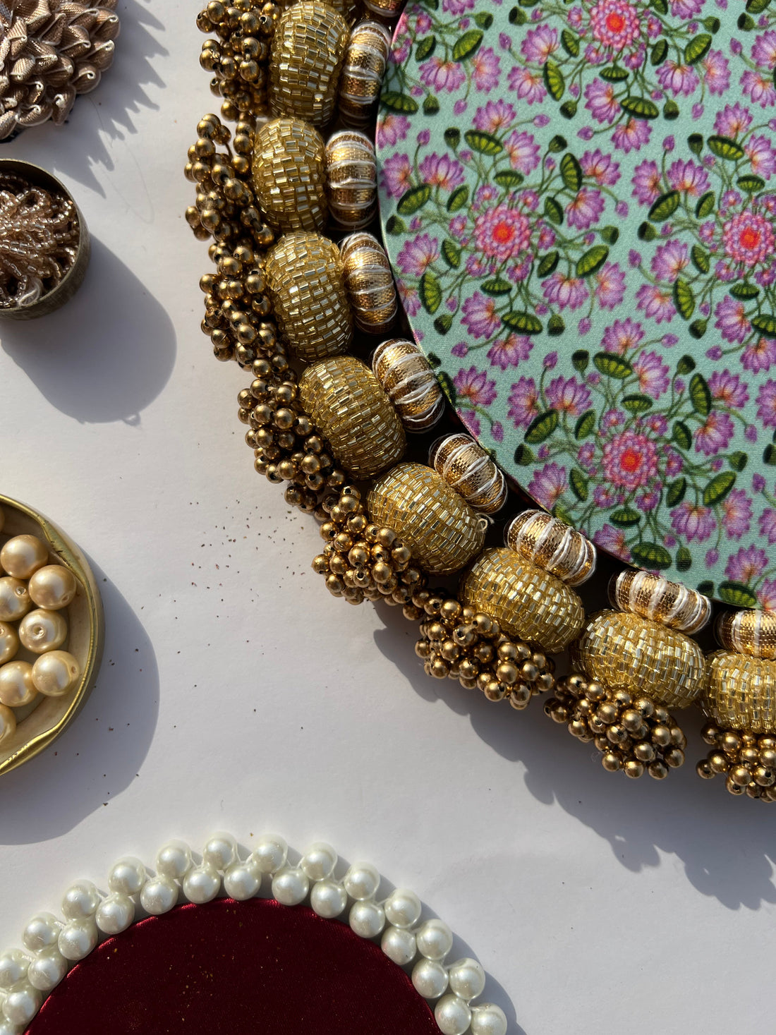 Flat Gota Chaandbali Maroon Navratna Patola & Pastel Pistachio Inflorescence Divine Pichwai Rangoli