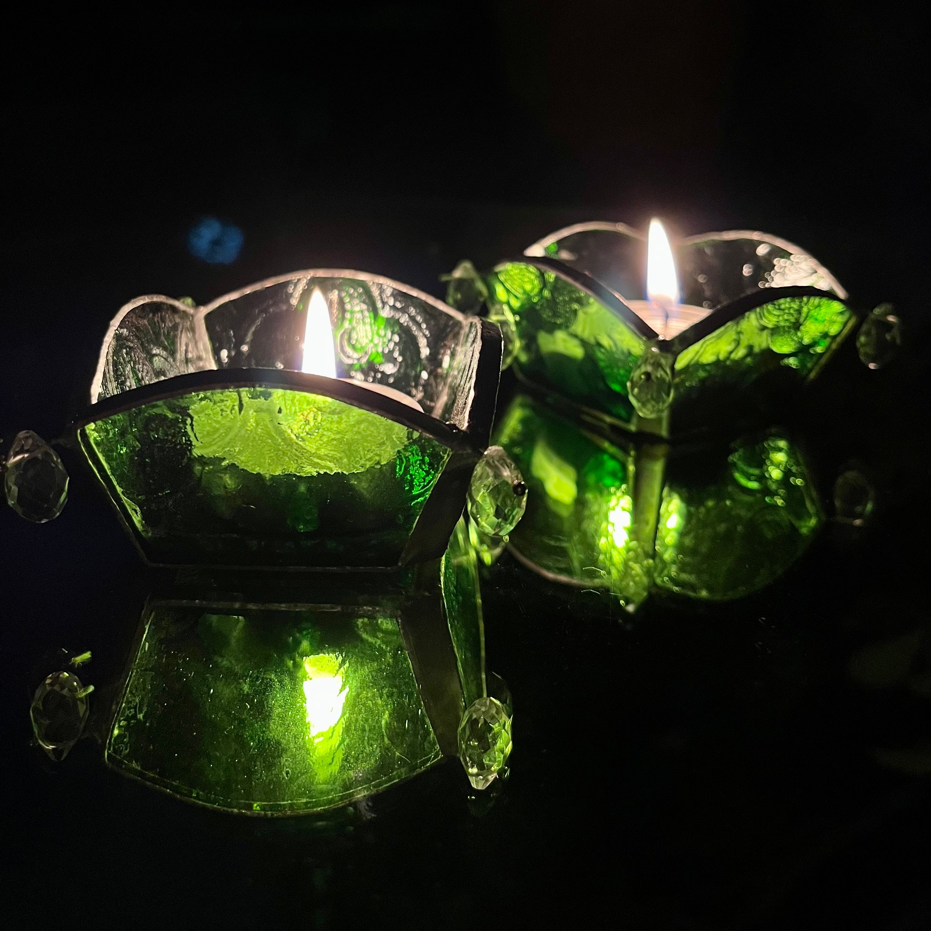 Emerald Green Textured Glass Diya - Set of 2