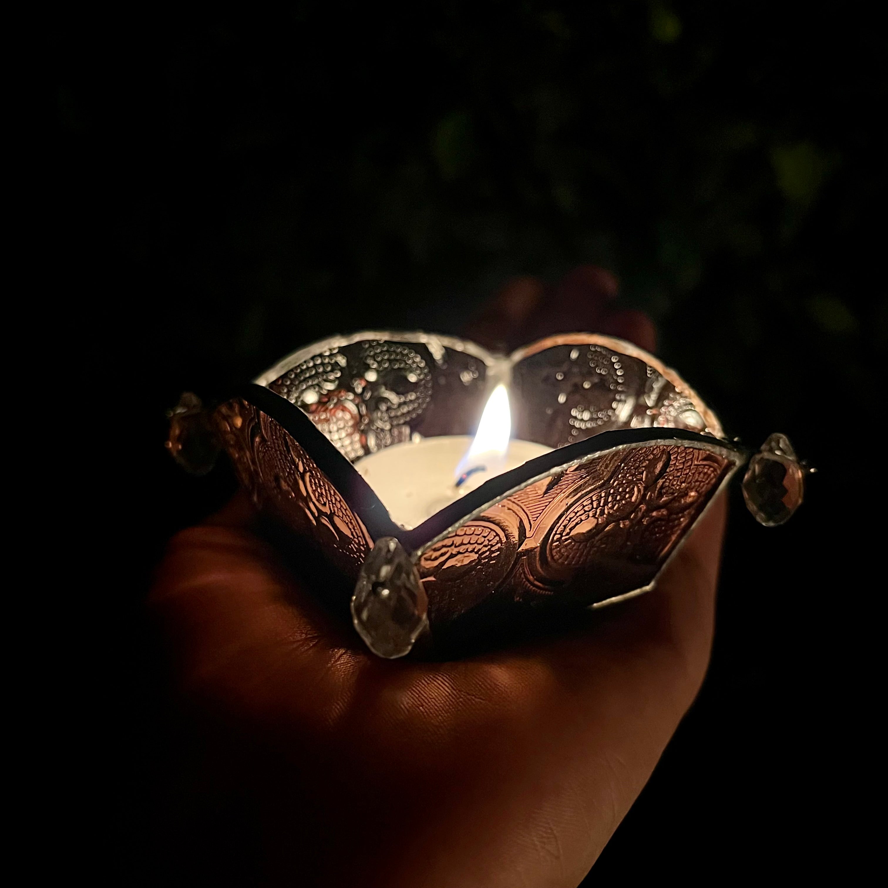 Claret Textured Glass Diya - Set of 2