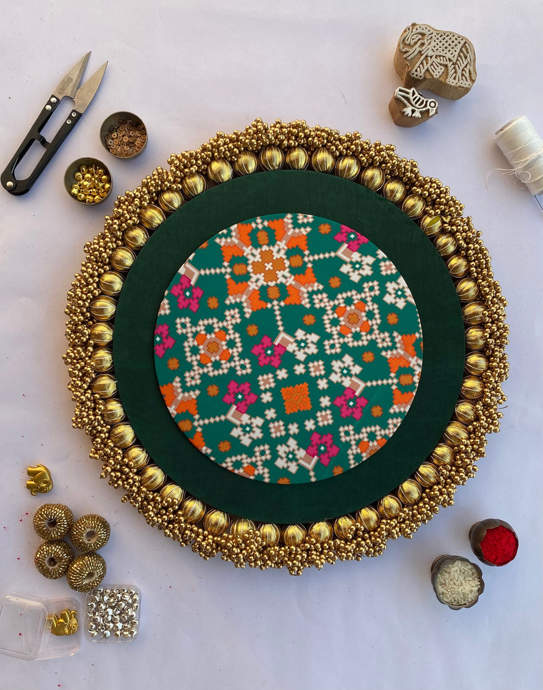 Bottle Green & Pink Navratna Patola Classic Invitation Ensemble