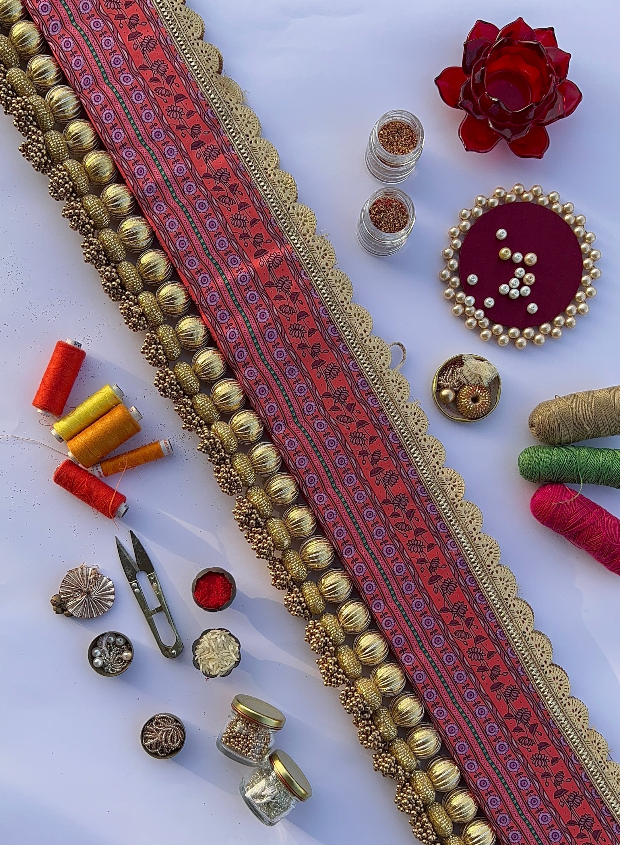 Vermillion Congruous Divine Pichwai and Pink Navratna Patola Tasseled Toran