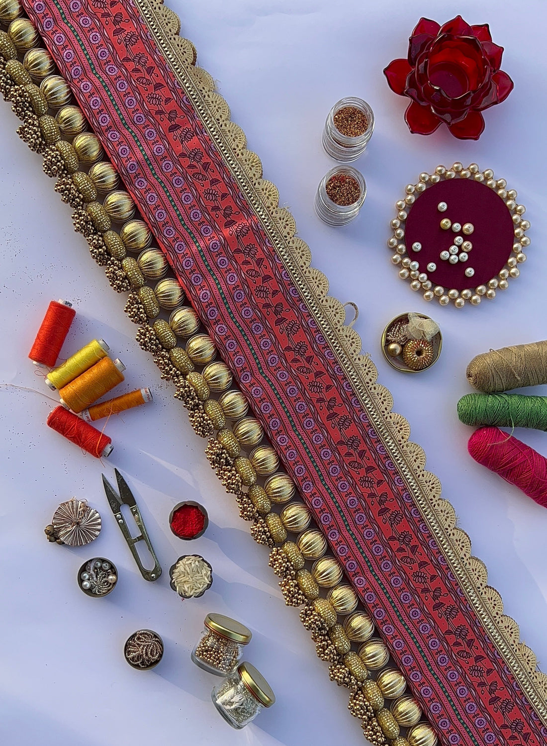 Vermillion Congruous Divine Pichwai and Pink Navratna Patola Tasseled Toran