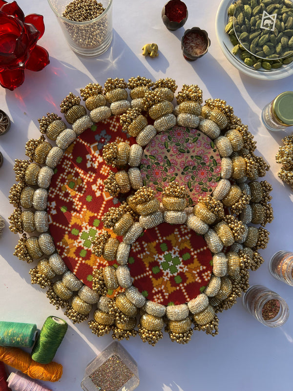COMBO: Chaandbali Maroon Navratna Patola & Inflorescence Divine Pichwai Rangoli + Diya Platters