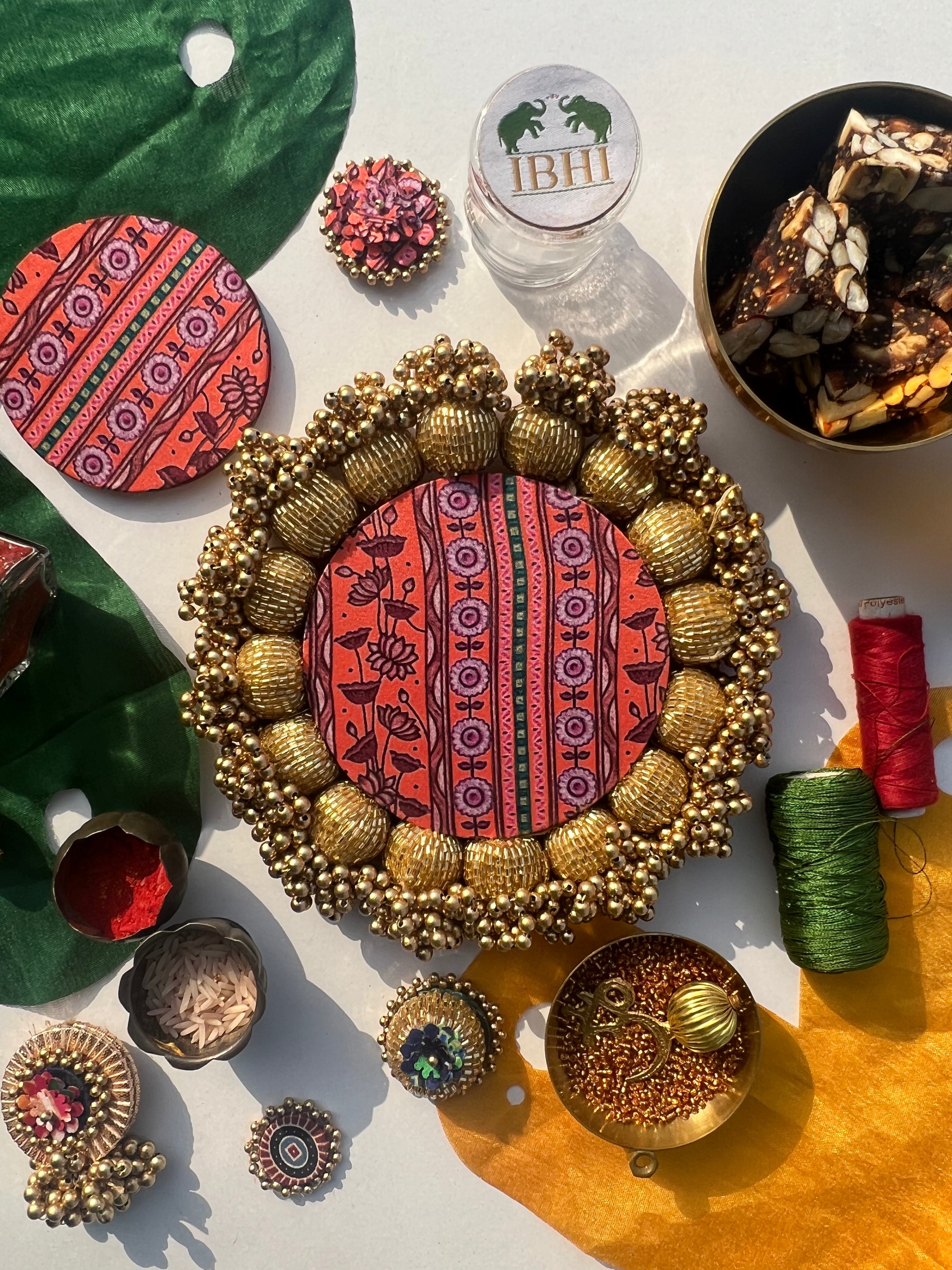 Diva Diya Platter : Pink Navratna Patola + Vermillion Congruous Divine Pichwai