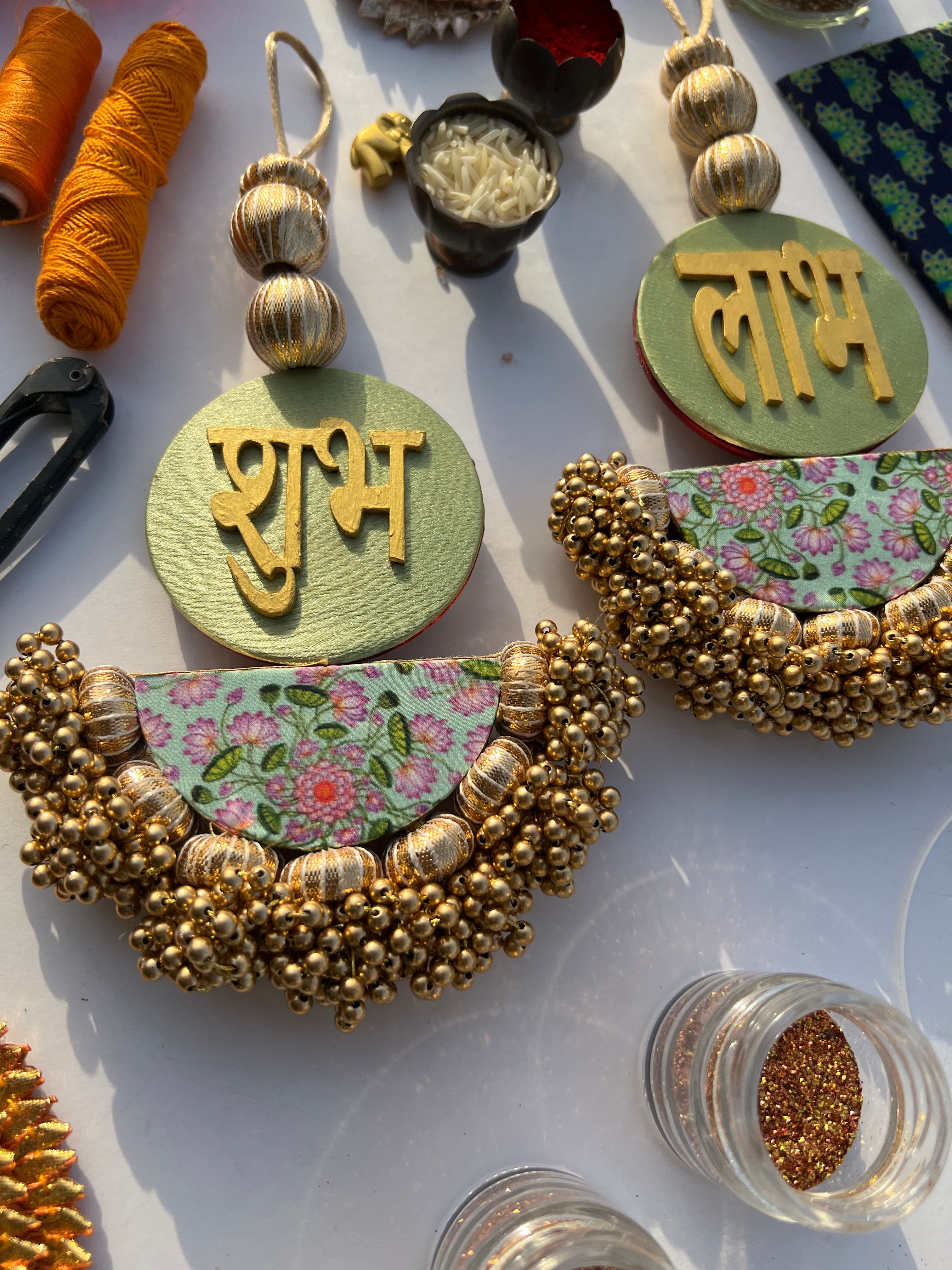 Arc Shubh Labh: Pastel Pistachio & Maroon Navratna Patola