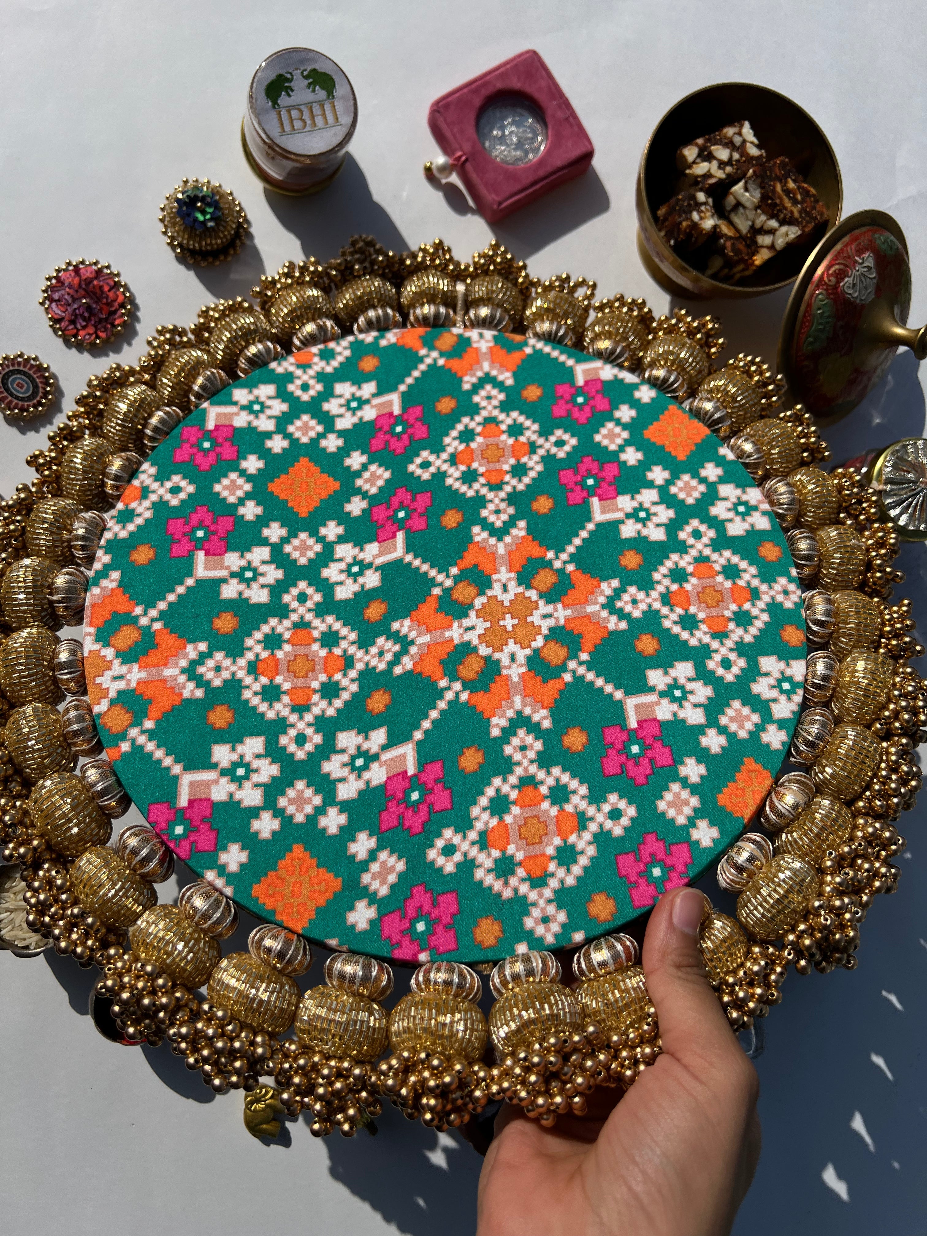 Ganesh Motif Platter + Hanging: Kamal Bandhej + Bottle Green Navratna Patola