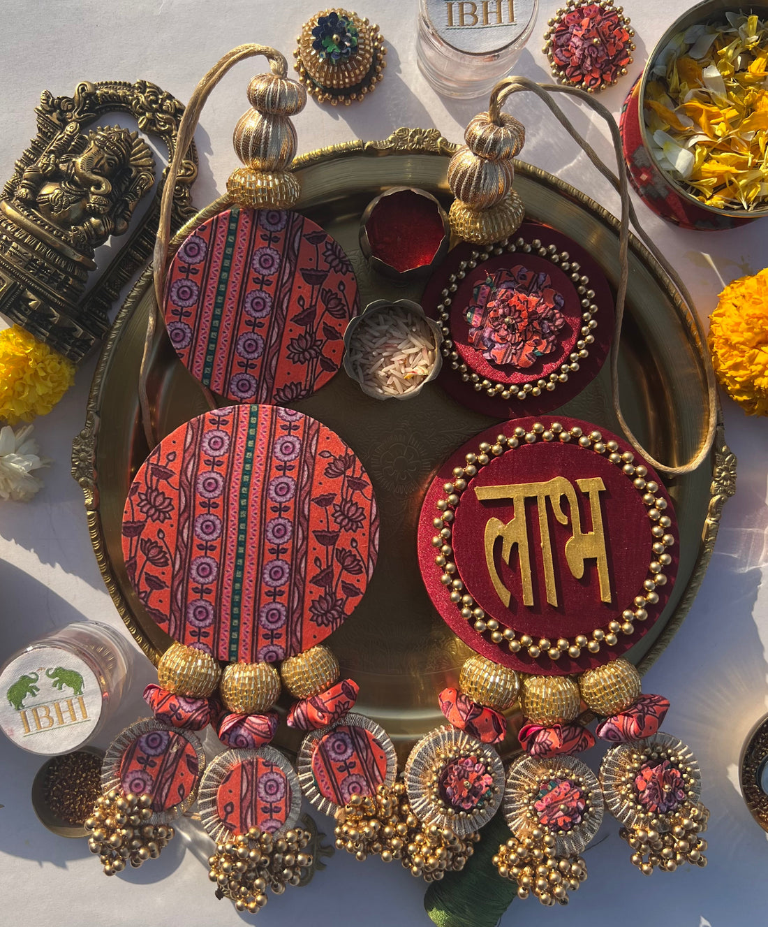 Vermillion Congruous Divine Pichwai Shubh Labh Floral Danglers