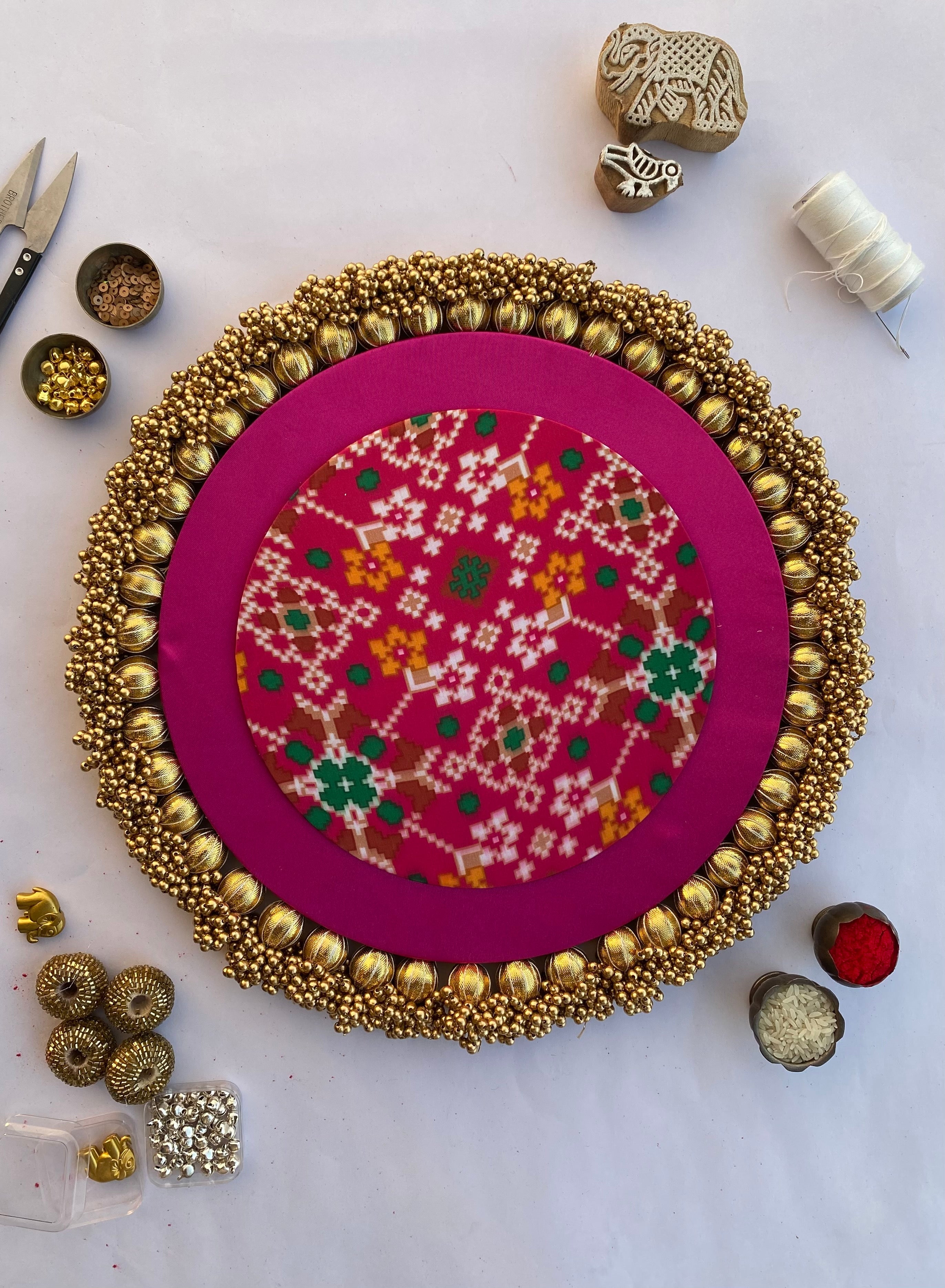 Bottle Green & Pink Navratna Patola Classic Invitation Ensemble