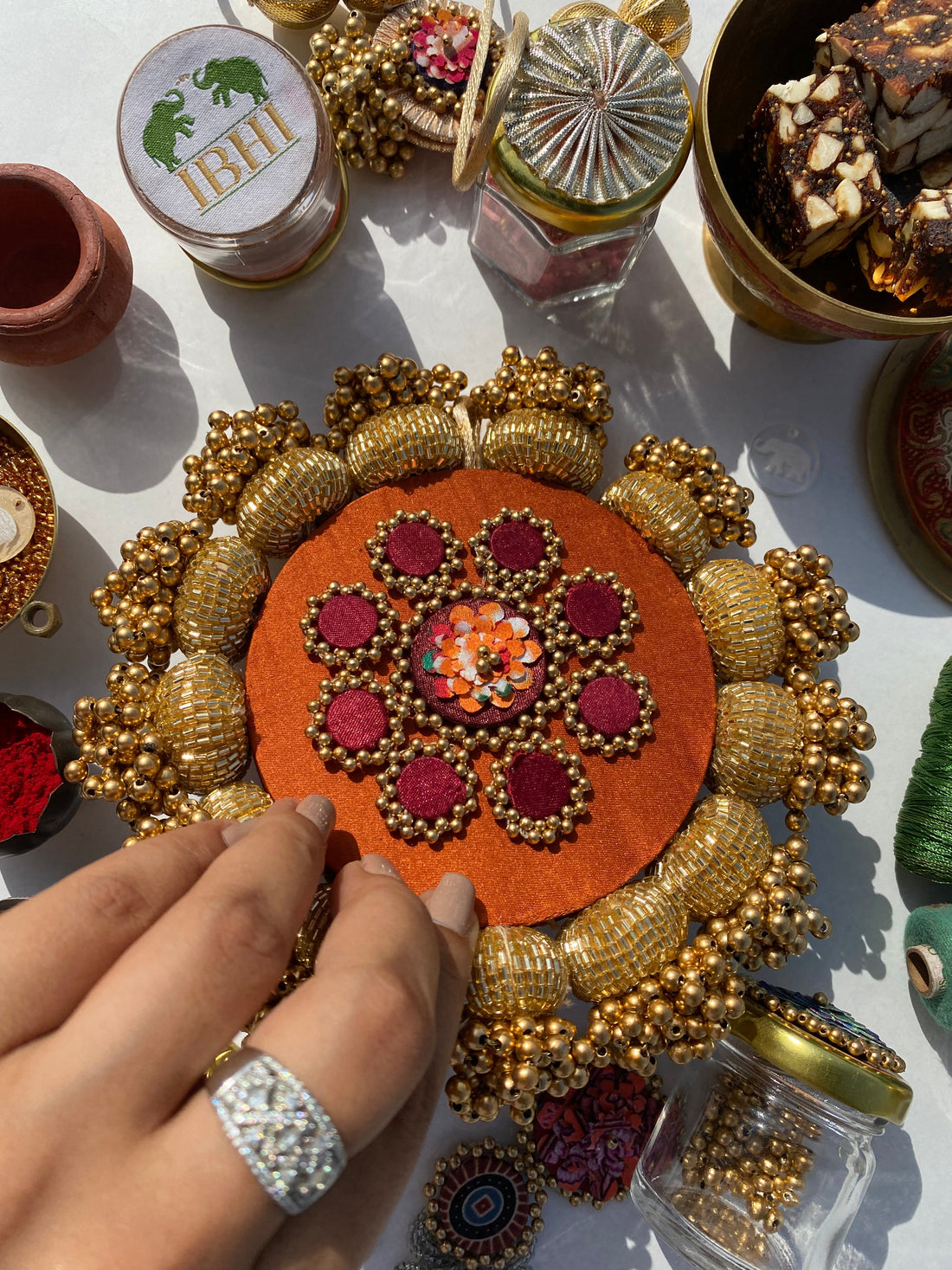 Mandala DIVA DIYA Platter: Solid Vermillion + Vermillion Congruous Divine Pichwai