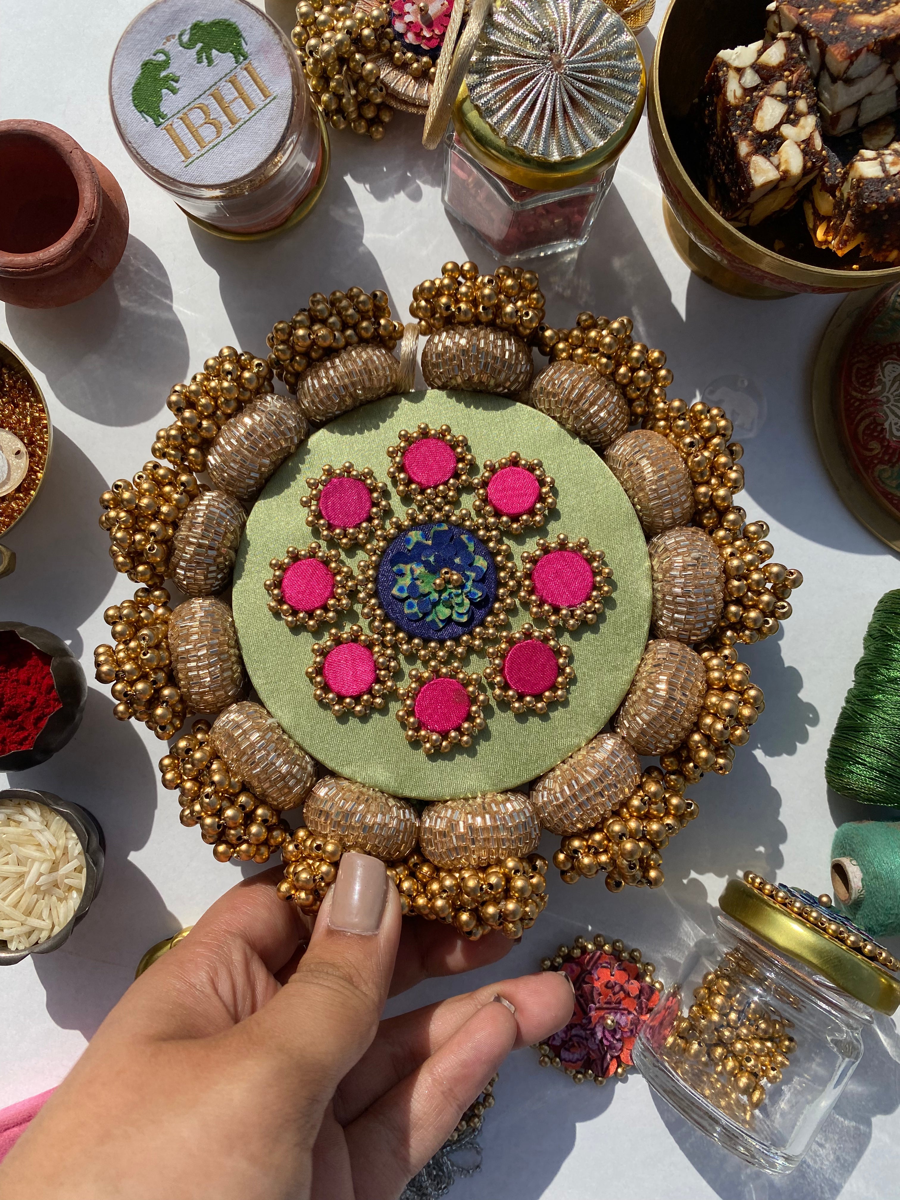 Mandala DIVA DIYA Platter: Solid Pastel Pistachio + Pastel Pistachio Inflorescence  Divine Pichwai