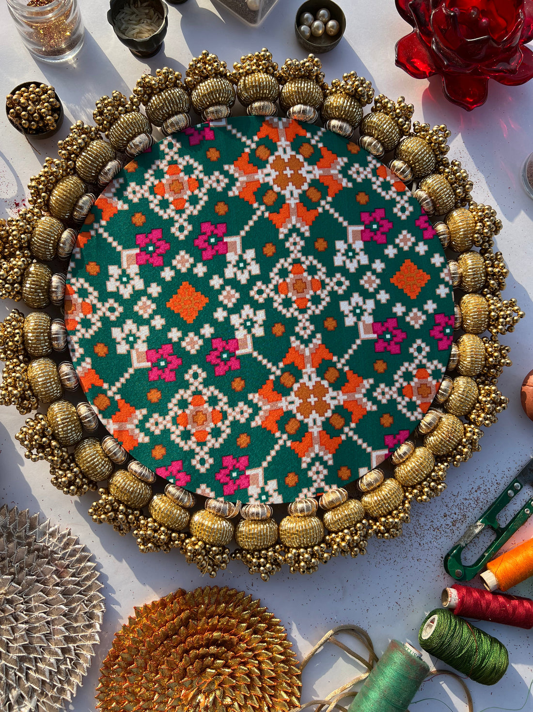 OM  Motif Platter + Hanging: OG Inflorescence & Bottle Green Navratna Patola