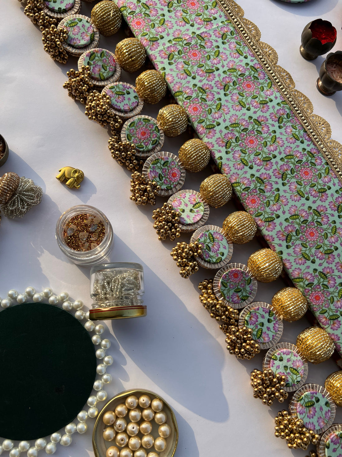Spherical Enchanted Lumba: Maroon Navratna Patola & Pastel Pistachio Inflorescence Divine Pichwai Two Way Toran