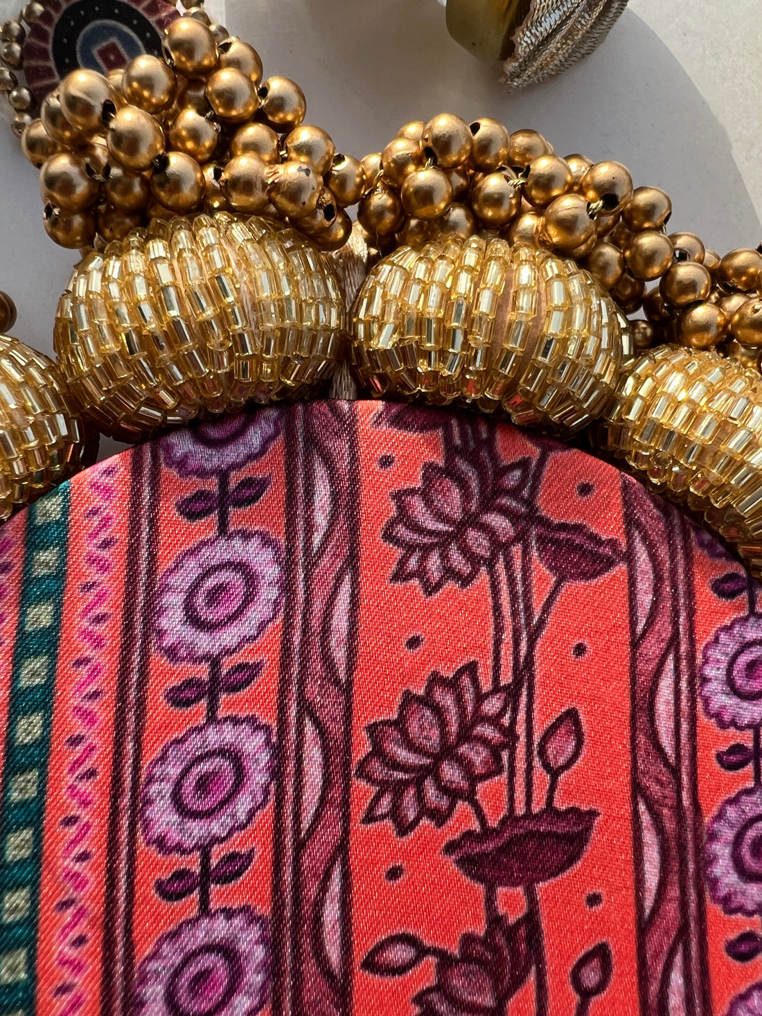 Lakshmi Pagla Platter + Hanging: Golden Yellow Navratna Patola + Vermillion Congruous Divine Pichwai
