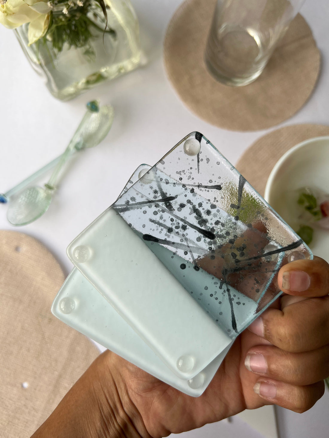 Even-steven Splash & Solid Milk White Fused-Glass Coasters