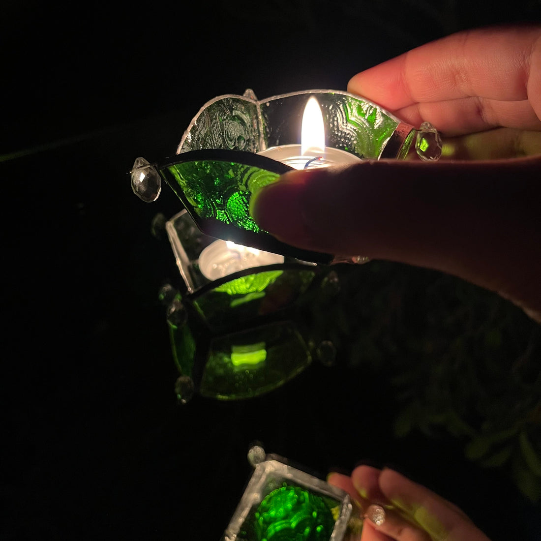Emerald Green Textured Glass Diya - Set of 2