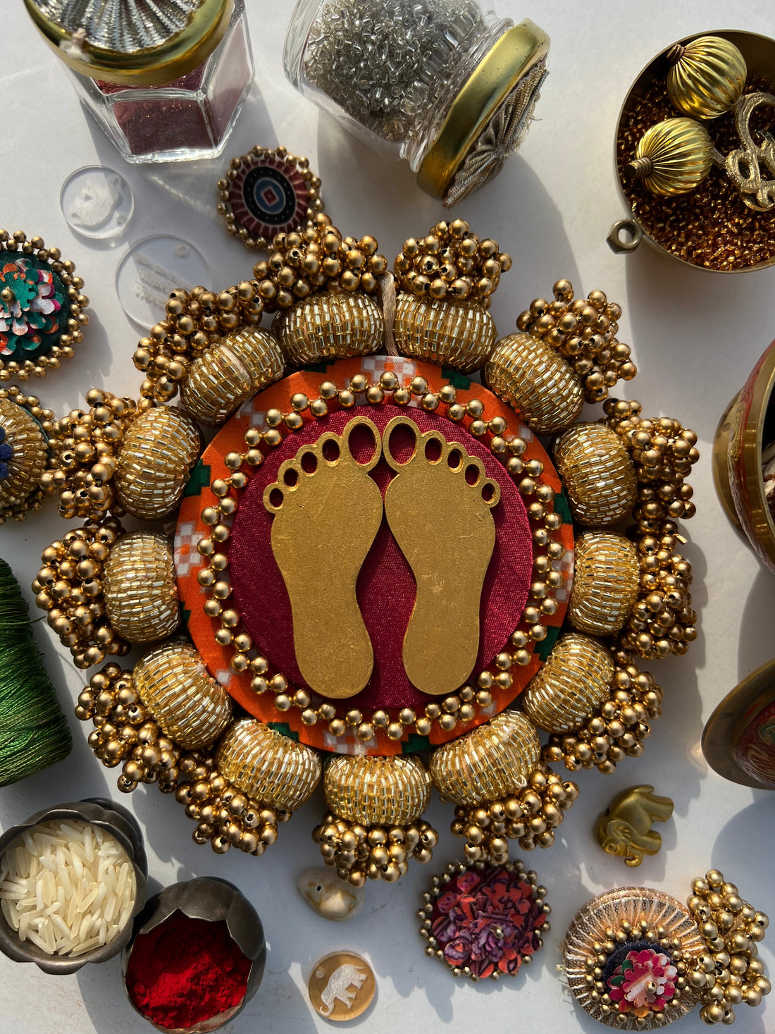 Lakshmi Pagla Platter + Hanging: Golden Yellow Navratna Patola + Vermillion Congruous Divine Pichwai