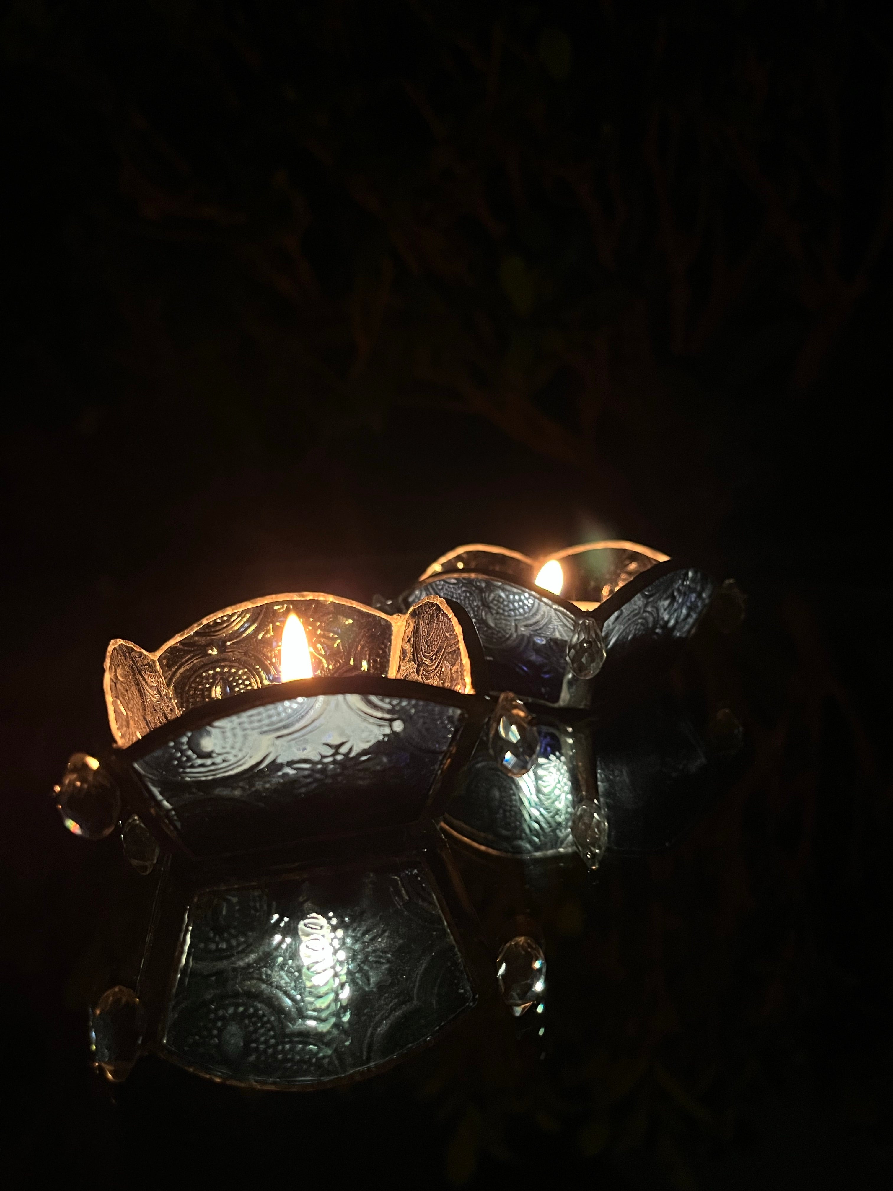 Prussian Blue Textured Glass Diya - Set of 2