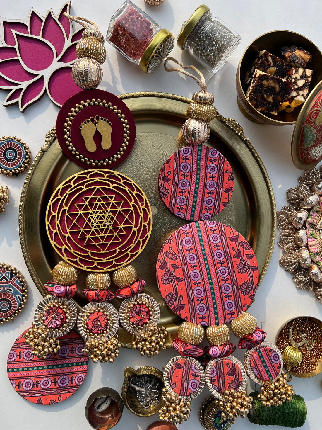 Shri Yantra & Lakshmi Pagla Danglers: Solid Maroon + Vermillion Divine Pichwai