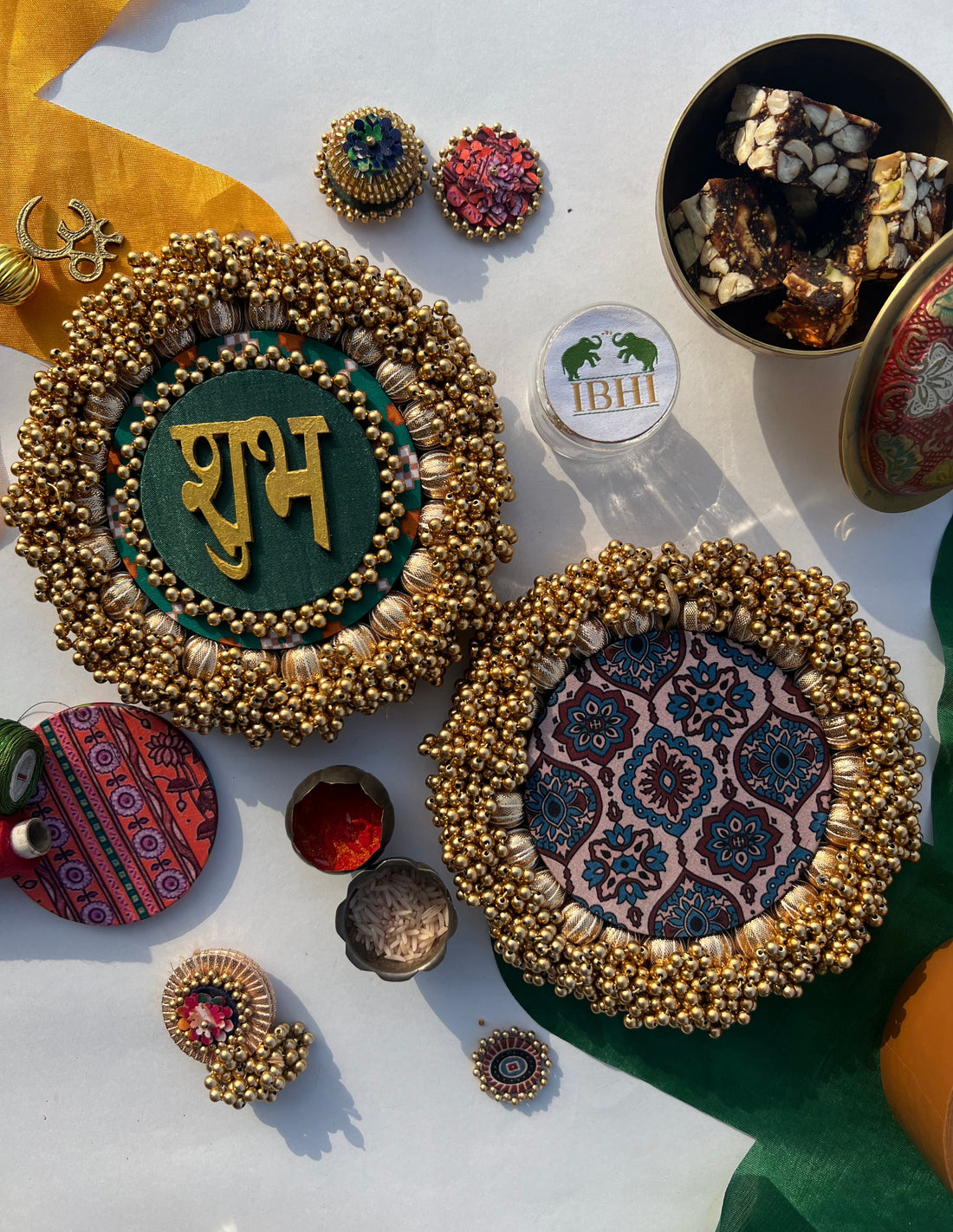 Bottle Green Navratna Patola & Upended Confluence Intense Ajrakh Beaded Shubh Labh Platters- Set of two