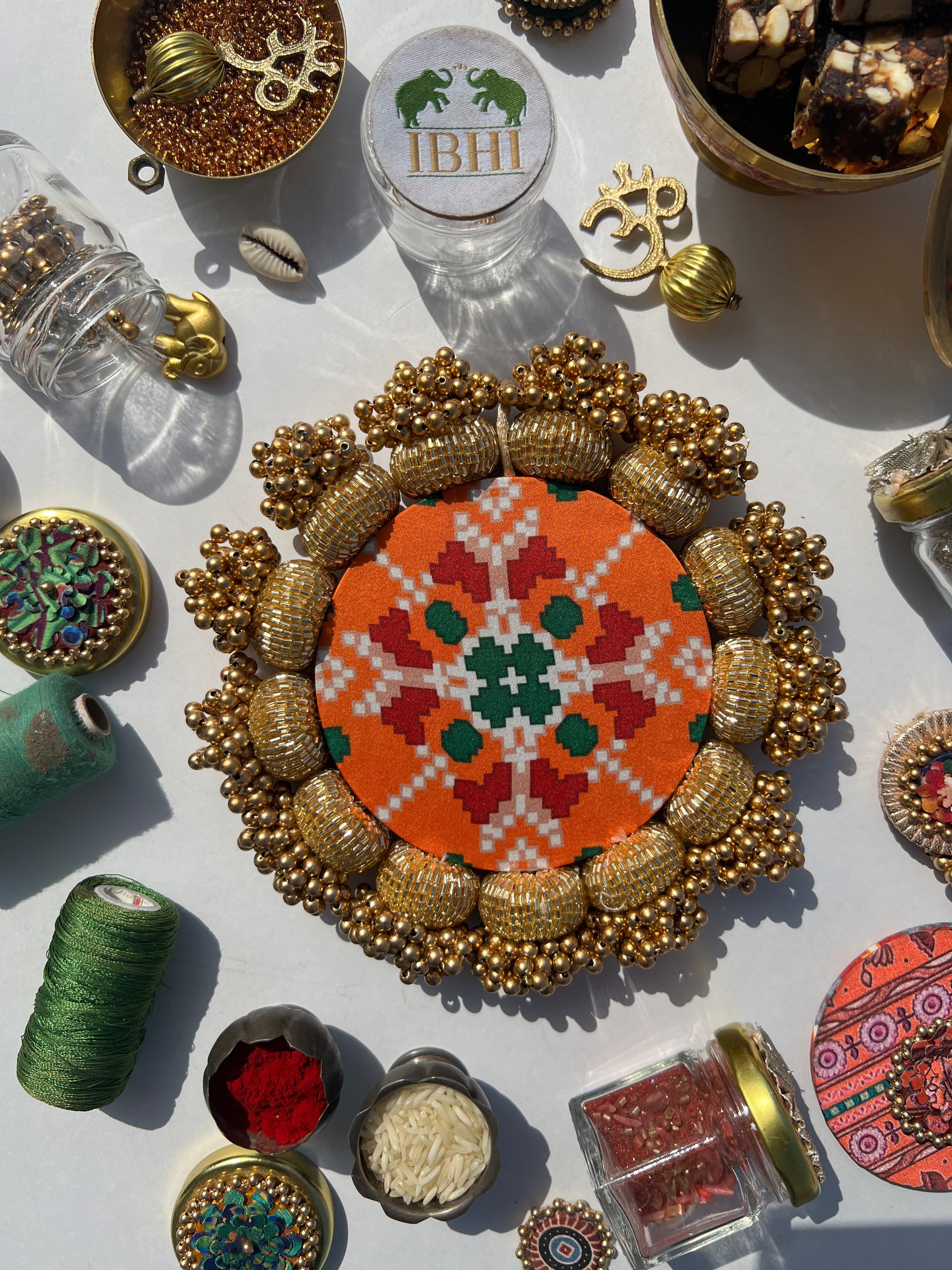 DIVA DIYA Platter: Enchanted Maroon Navratna Patola + Golden Yellow Navratna Patola