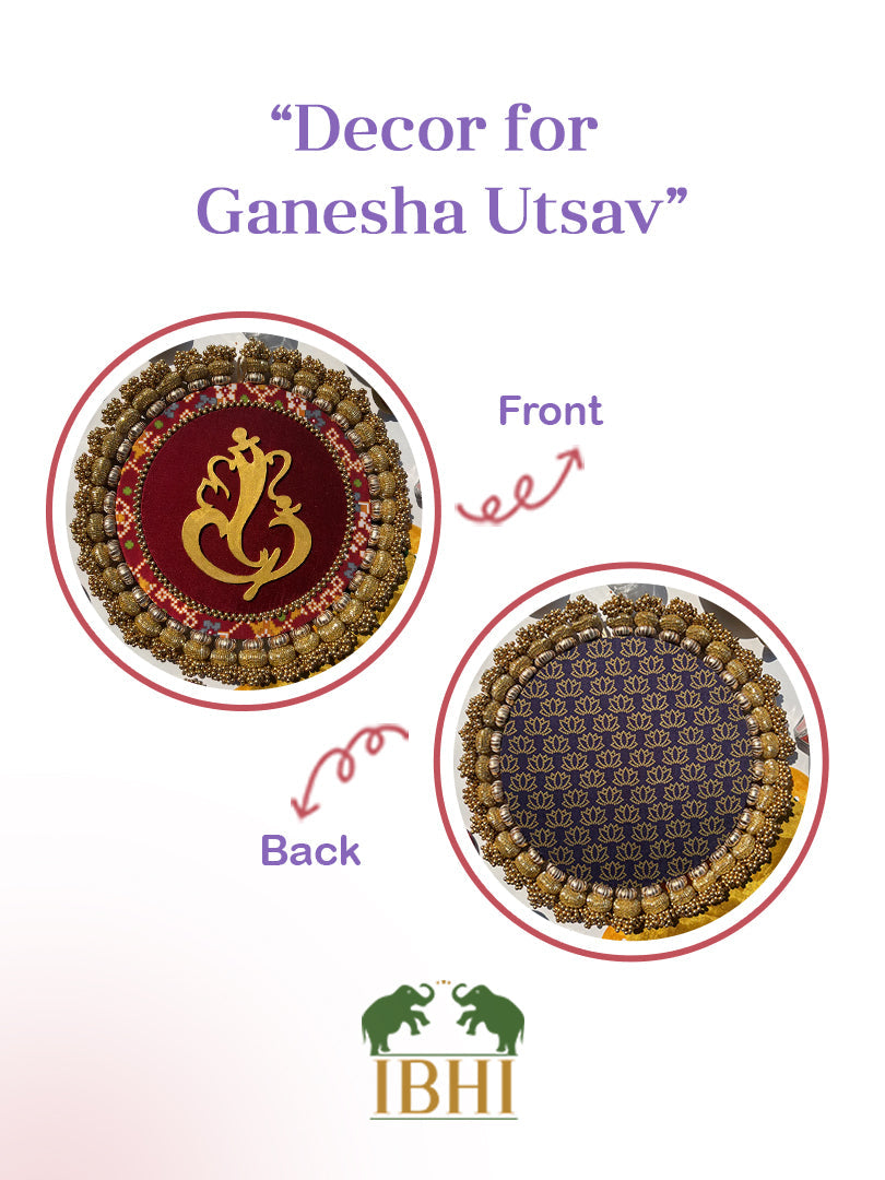 Ganesh Motif Platter + Hanging: Kamal Bandhej + Bottle Green Navratna Patola