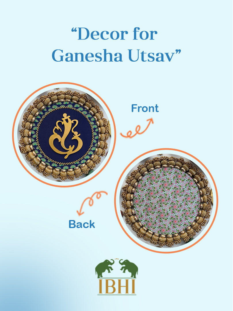 Ganesh Motif Platter + Hanging: Kamal Bandhej + Bottle Green Navratna Patola