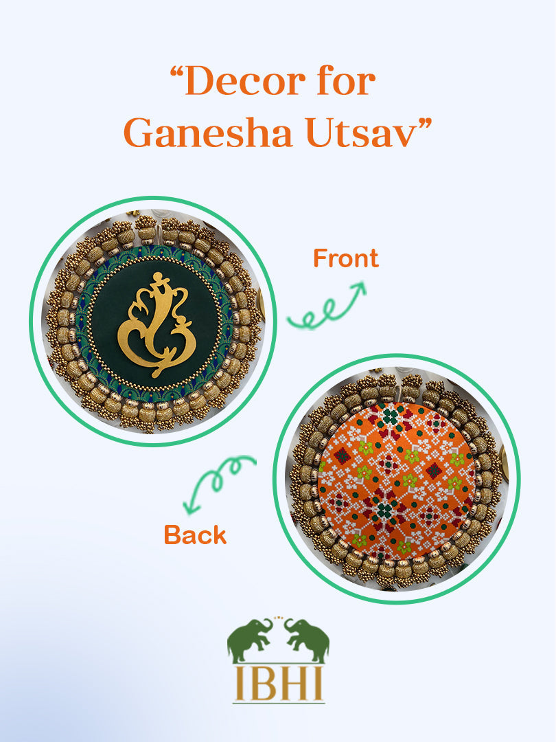 Ganesh Motif Platter + Hanging: Kamal Bandhej + Bottle Green Navratna Patola