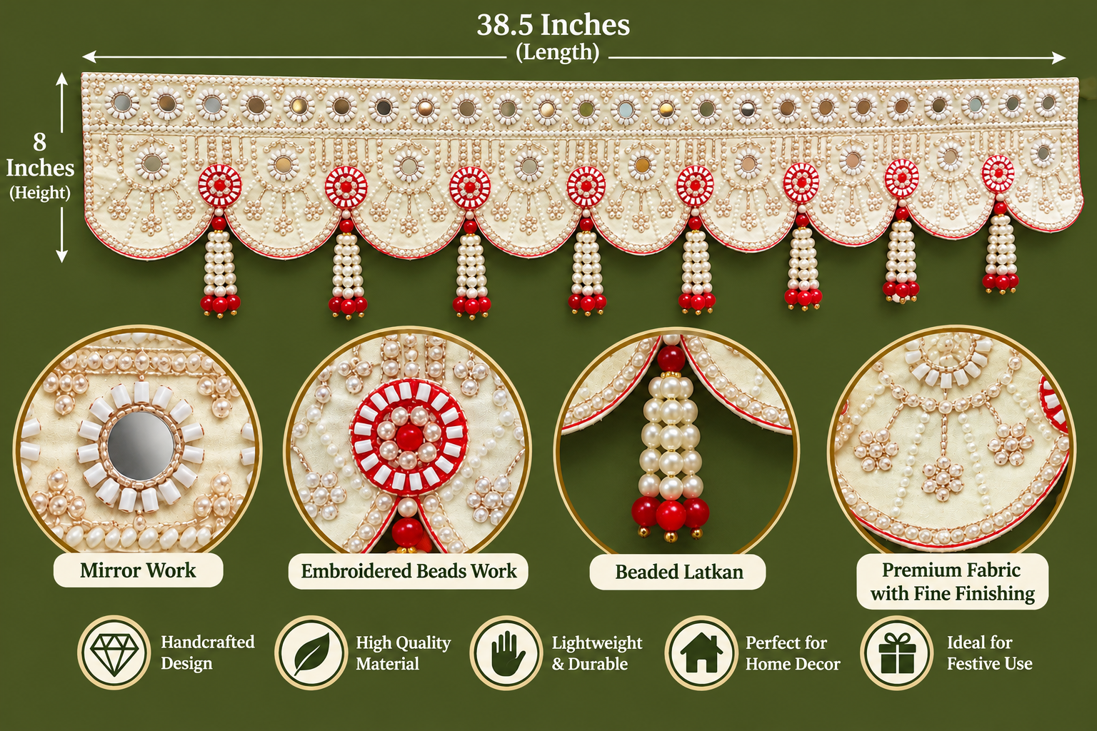 Premium Handmade Pearl & Mirror Work Toran with Red Beaded Latkan – 38.5 Inches
