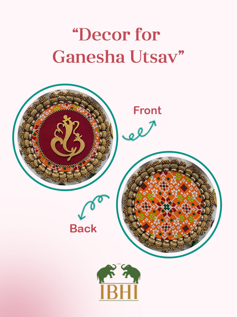 Ganesh Motif Platter + Hanging: Kamal Bandhej + Bottle Green Navratna Patola