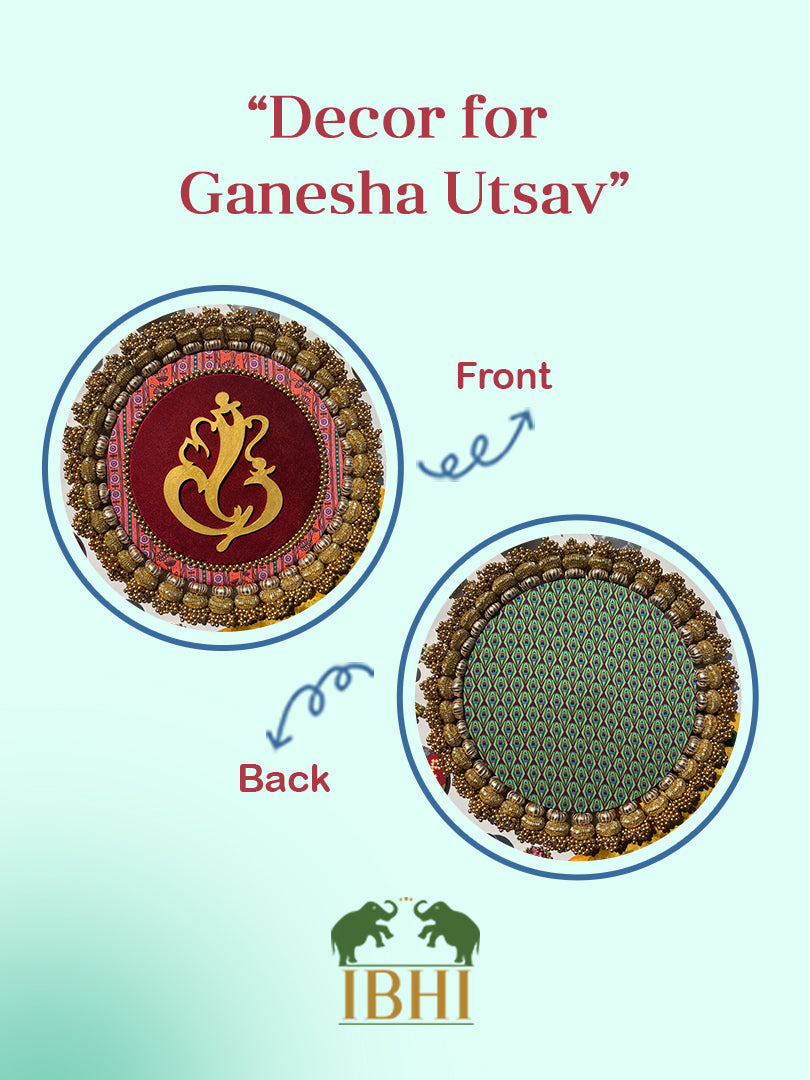 Ganesh Motif Platter + Hanging: Kamal Bandhej + Bottle Green Navratna Patola