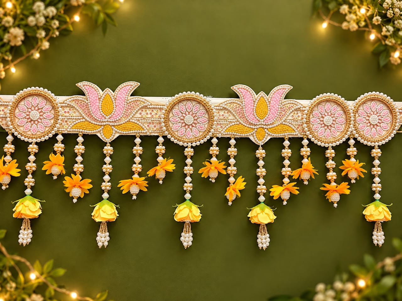 Premium Handcrafted Lotus Flower Toran with Pearl Beads & Floral Hanging for Door Decoration
