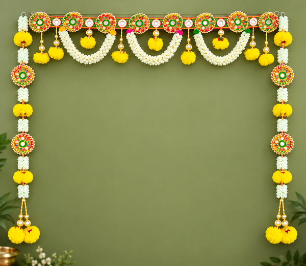 Traditional Handmade Toran for Main Door with Mirror Work, Yellow Pom Pom Tassels & White Floral Swag, Festive Home Decoration